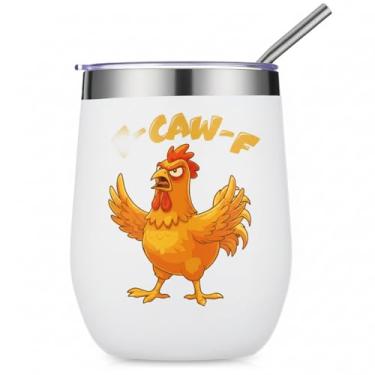 Imagem de Patelai 340 g F-caw-f Caneca de Frango Engraçada F Caw F Caneca de Café Aço Inoxidável Copos Isolados Humor Copo de Galo Presente para Amigos Homens Mulheres Colegas de Trabalho Família Natal (Branco