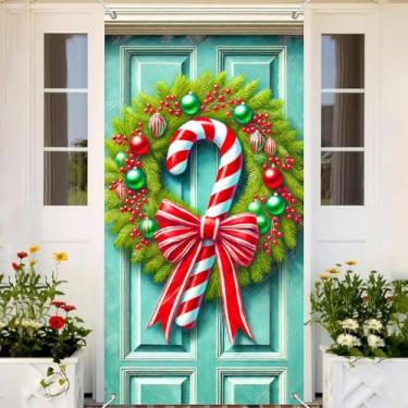 Imagem de BlissYard Capa de porta de Natal, decorações de guirlanda de Natal, faixa de porta de bengala doce, pano de fundo festivo de poliéster, 89 x 188 cm, decoração de Natal para uso interno e externo