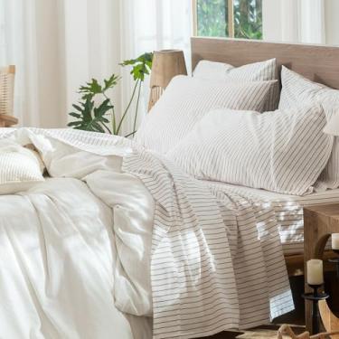 Imagem de MooMee Jogo de lençol listrado 100% algodão lavado como linho texturizado respirável durável macio confortável (branco laranja escuro listras largas, Queen)