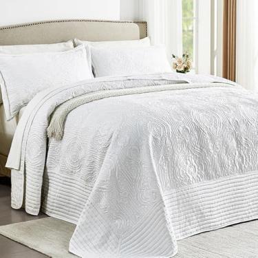 Imagem de ENJOHOS Colcha King extragrande 132 x 120, colcha extra larga do Alasca King, branca, 3 peças, microfibra macia, leve, extra larga, conjunto de edredom vintage, boêmio, damasco, lençol de verão