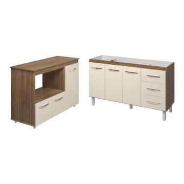 Imagem de Balcão Armário Cozinha Carine Gabinete De Pia 140 Cm E Balcão Lilian Para Forno Elétrico E Microondas Off White