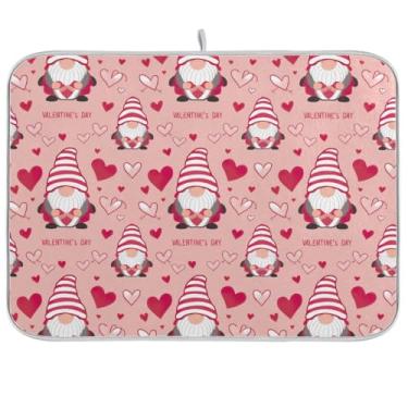 Imagem de Valentine Gnomos Tapetes de secagem de pratos vermelhos para balcão de cozinha, almofada de secagem rápida, tapete de escorredor de pratos reversível para balcão de cozinha, decoração de casa de