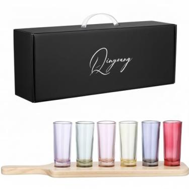 Imagem de Qinyoung 6 peças de copos coloridos de 60 ml, vidro multicolorido com pá de madeira, copos de shot bonitos e legais, suprimentos de Natal soprados à mão para presente de coquetel de uísque de tequila