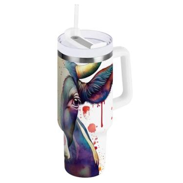 Imagem de ODAWA Copo grande de cabeça de vaca aquarela com tampa e canudo, copo de aço inoxidável isolado a vácuo copo de café para viagem