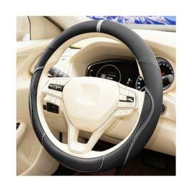 Imagem de Sandfren Capa de volante de carro, 37-38 cm de microfibra de couro de fibra de carbono antiderrapante, acessórios de decoração de interiores automotivos respiráveis, ajuste universal (linha preta