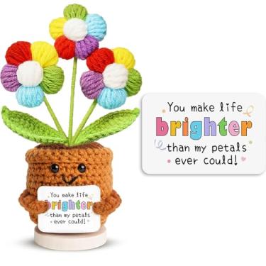 Imagem de penzoos Coleção Emotional Vessels – Vaso de flores de crochê arco-íris com cartão "You Make Life Brighter", presente de suporte emocional feito à mão, decoração positiva de crochê, companheiro de