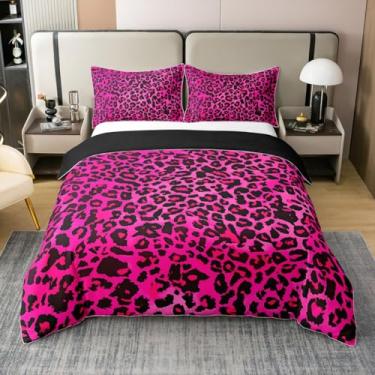 Imagem de jejeloiu Jogo de cama infantil rosa choque leopardo tamanho casal estampa animal capa de edredom 100% algodão para meninos meninas adolescentes guepardo capa de edredom safári macio decoração de