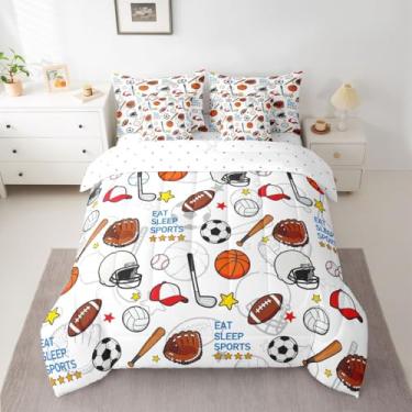 Imagem de Feelyou Conjunto de edredom esportivo com 7 peças, solteiro, futebol, beisebol, basquete, futebol, para crianças, meninos, meninas, branco, decoração de quarto de jogos, microfibra macia e leve