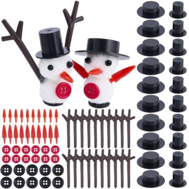 Imagem de SOFPLATE 200 peças de boneco de neve de Natal DIY kit de artesanato de boneco de neve para fazer com 20 mini chapéus pretos 20 narizes de cenoura 120 botões minúsculos 40 mão de trigêmeo para