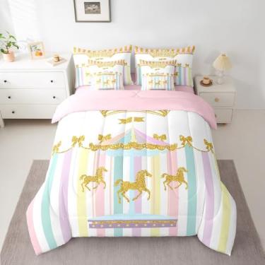 Imagem de Conjunto de edredom Queen Carrossel, 7 peças, decoração de quarto, lençol com elástico, fronhas e fronhas