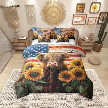 Imagem de Erosebridal Conjunto de edredom casal, 7 peças, vaca das terras altas, vintage, bandeira americana, para adultos, homens, adolescentes, crianças, animais de fazenda, rústico, em uma bolsa, girassóis