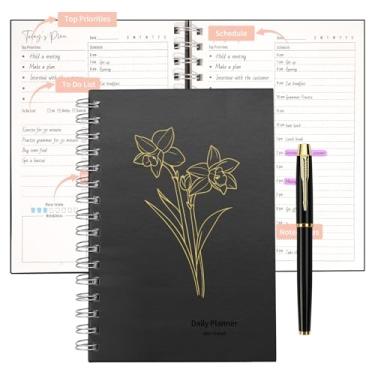 Imagem de Vebermo Agenda diária A5 sem data, caderno espiral com conjunto de canetas, agenda horária Asten para escritório, casa, escola, fecho elástico, preto