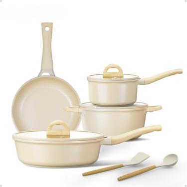 Imagem de Jogo De Panelas 6 Peças Antiaderente Cerâmica Com Colher/Espátula Indução Gás Frigideira Caçarola Linha