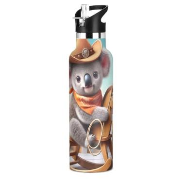 Imagem de Garrafas de água isoladas de aço inoxidável de 590 ml com tampa de canudo para bebidas frias ou quentes, coala fofa, vintage, parede dupla, à prova de vazamento, copos de viagem para meninos e meninas