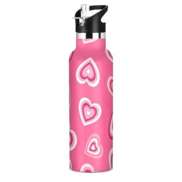 Imagem de Joisal Garrafa de água isolada de aço inoxidável de 590 ml com tampa de canudo para bebidas frias ou quentes, copos de viagem retrô concêntricos coração rosa parede dupla livre de BPA para crianças