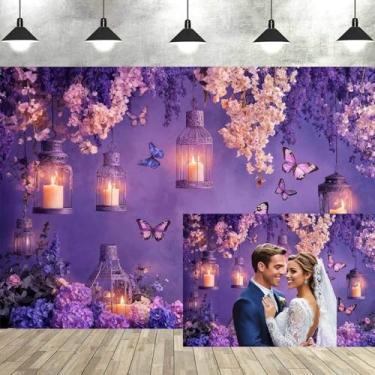 Imagem de Fotografia de fundo de parede floral de borboleta roxa, decoração de tema floral rosa de casamento roxo, decoração de banner, flores de casamento nupcial, aniversário, decoração de festa de família