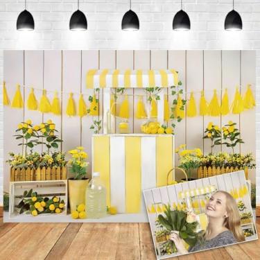 Imagem de OERJU Cenários de limão para fotografia, suporte de limonada, pano de fundo amarelo, tema limão, chá de bebê, decorações de festa de aniversário, banner, mesa de bolo, adereços de sessão de fotos 3 x