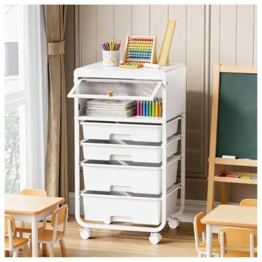 Imagem de SYKIARIOL Armazenamento de brinquedos infantis com rodas, organizador de brinquedos com 4 gavetas com porta dobrável para berçário, quarto, sala de jogos, prateleira de armazenamento de livros, branco