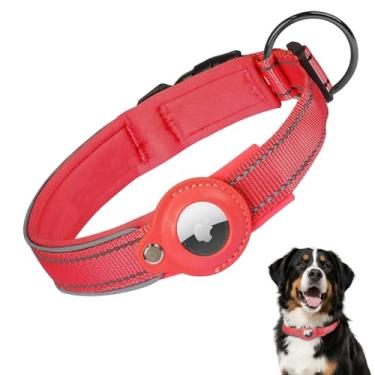 Imagem de Coleira para cães AirTag atualizada 2025, coleira de couro com suporte para AirTag, ajustável, respirável, macia acolchoada Apple Air Tag para cães pequenos, médios e grandes, (vermelho, GG)