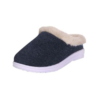 Imagem de Pantufas de camurça com bico redondo e sola plana para mulheres, casual, inverno, uso interno, Azul marino, 39