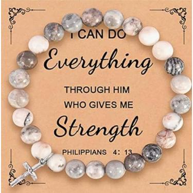 Imagem de Pulseira de cruz religiosa para mulheres e homens, joias de fé cristã, pulseira elástica de pedra natural feita à mão, One Size, Vidro, Sem Pedra Preciosa