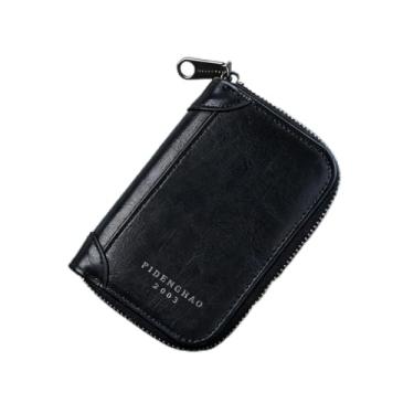 Imagem de Carteira masculina vintage com zíper de couro sintético para dinheiro e cartões, porta-cartões de crédito compacto, presente para ele, Preto, Retrô