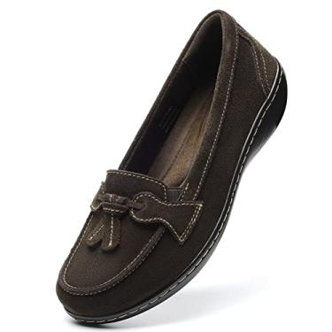 Imagem de Osslue Mocassins femininos clássicos de couro de microcamurça retrô mocassins femininos para dirigir mocassins modernos com borla sapatos de barco confortáveis sem cadarço casuais para caminhada, Café