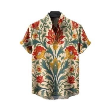 Imagem de Camisa Masculina De Linho Com Estampa Artística Florestal De Manga Cur
