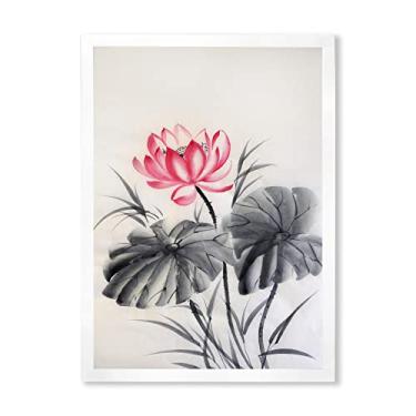 Imagem de DesignQ Arte de parede emoldurada tradicional de flor de lótus com duas folhas monocromáticas