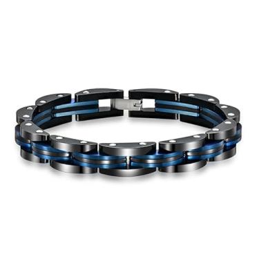 Imagem de Qing Birdee Pulseira masculina de corrente de aço inoxidável, preta e azul royal, 21 cm de comprimento, 10 mm de largura