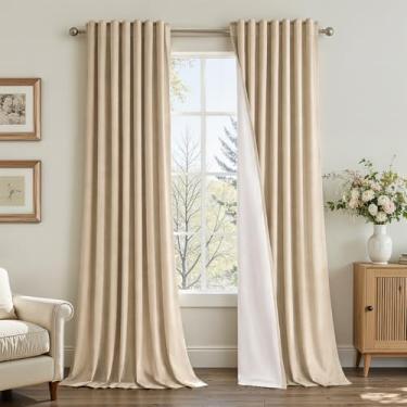 Imagem de Cortinas bege 100% blackout de 203 cm de comprimento para sala de estar, quarto, forro de veludo macio, preto, isolamento térmico, cortinas com ganchos, cortina de luxo neutra e elegante, 2 painéis