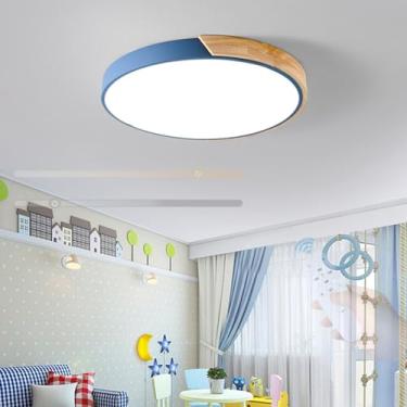 Imagem de GZZBMY Lâmpada de teto LED com controle remoto Lâmpada de teto regulável moderna Madeira redonda Iluminação de teto interna para sala de estar quarto de crianças sala de jantar 3000K-6500K (azul, 30