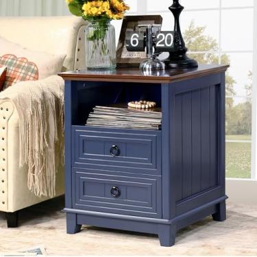 Imagem de BEROXII Mesa de cabeceira Farmhouse, mesa lateral de sofá de madeira de 61 cm com 2 gavetas e prateleira aberta, mesa de canto rústica para quarto e sala de estar, armário de armazenamento com