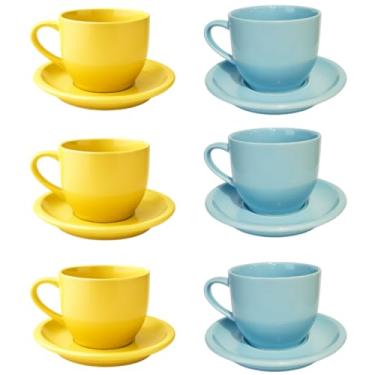 Imagem de Kit 6 Xícaras com Pires 95ML - Porcelana Premium Coloridas, Resistentes e Elegantes para Chá, Café e Chocolate (Azul e Amarelo)