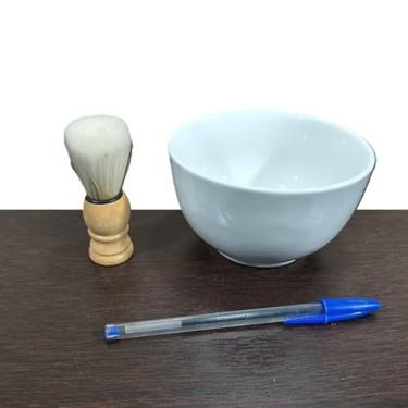 Imagem de Kit Cumbuca Porcelana 13x8cm Pincel Cabo Madeira 10x4cm Novo