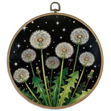 Imagem de DELORIGIN Dente-de-leão redondo emoldurado arte decoração de parede 25,4 cm retro impressão em tela tela moldura circular impressão de arte para paredes porta de fazenda esculturas quarto sala de