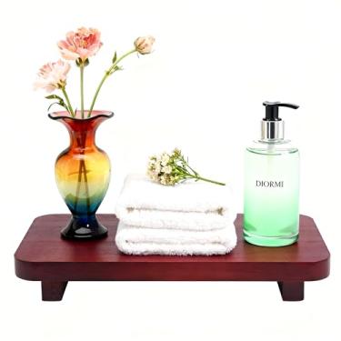 Imagem de Suporte de madeira para decoração, suporte de pedestal de tamanho largo para banheiro, bandeja decorativa de fazenda, suporte de sabão para perfume, vela, esponja, 28 cm x 18 cm - vermelho marrom