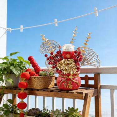 Imagem de KYMY Enfeite de mesa de ano novo chinês, festival de primavera, gato da sorte, flor artificial, mesa de mesa, cavalo do zodíaco, decoração de cerâmica para decoração de escritório em casa e ano novo