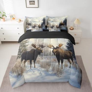 Imagem de Feelyou Conjunto de cama casal de alce marrom, caça, veado, 7 peças, decoração de chifres de animais selvagens, cabana rústica, casa de fazenda, cama em um saco, cama de neve com edredom, conjunto de