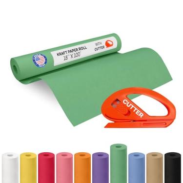 Imagem de Rolo de papel Kraft verde 45,7 cm x 3048 cm (30,5 m) com cortador - Papel de embrulho de presente feito nos EUA para embalagem, mudança, envio e artesanato/artes - Material de artesanato natural 100%
