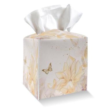 Imagem de Suporte para caixa de lenços - Capa de caixa de lenços de couro PU de flor dourada e borboleta com cinto inferior, organizador de papel facial quadrado para mesa, banheiro, cozinha, carro e escritório