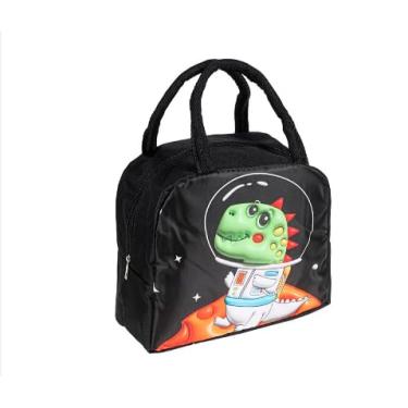 Imagem de Lancheira Térmica Infantil com Dinossauro Astronauta, Bolsa Escolar Preta, Material Térmico, 25x20x9cm, Design 3D Espacial, Alça Ajustável, Para Crianças Acima de 3 Anos