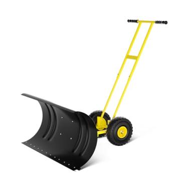 Imagem de Empurrador de neve com rodas, lâmina de aço resistente de 73,7 cm, ângulo ajustável e alça de altura para remoção de neve na entrada de garagem sem esforço, base de proteção do solo.