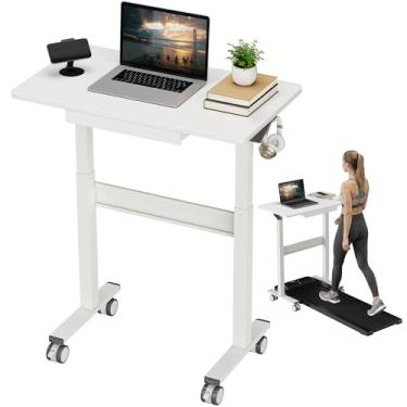 Imagem de DAWNYIELD Mesa de pé não elétrica com gaveta, sem puxadores ou manivela, mesa sem fio com rodas e travável, ideal para caminhada, jantar ou escritório, mesa de 87 x 40 cm, branca