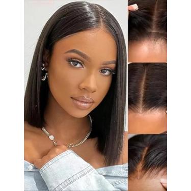 Imagem de Julia Hair Peruca reta BOB de 25,4 cm x 12,5 cm, fecho de renda, sem cola, sem cola, sem cola, com cordão, pré-cortado, cabelo humano natural, descolorido, nós, invisíveis, peruca frontal para colocar
