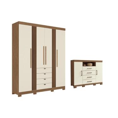 Imagem de Guarda Roupa Casal com Cômoda Qc285 4 Portas de Bater 4 Gavetas em MDP com Pés Jatoba-A...