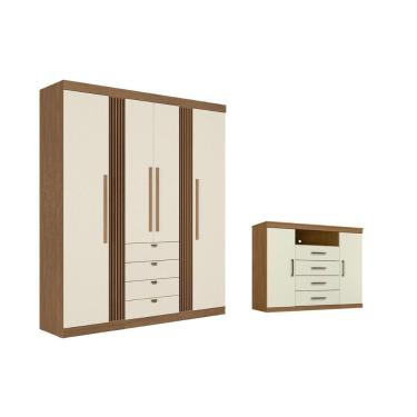 Imagem de Guarda Roupa com Cômoda Casal Qc296 4 Portas de Bater 4 Gavetas em MDP com Cabideiro Ja...