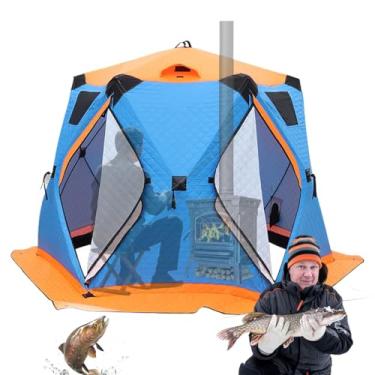 Imagem de gswznb Abrigo isolado para pesca no gelo – barraca de pesca de inverno com fogão e piso, barraca de pesca no gelo hexagonal portátil para 6 a 12 pessoas, à prova de vento, 4 janelas e aberturas, bolsa