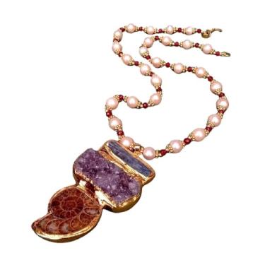 Imagem de DWBPGVUN Colar de jade vermelho e pérola de batata cultivada de 9-10 mm 45 x 60 mm pingente drusa de ametista cianita azul