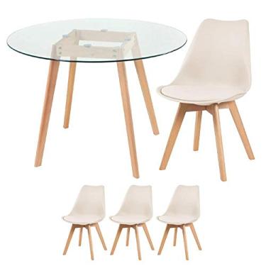 Imagem de Loft7, Kit - Mesa redonda de vidro Leda 100 cm + 3 cadeiras estofadas Leda creme